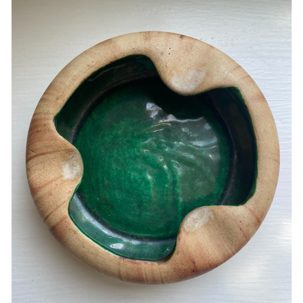 Vintage Nemadji Indian Art Pottery MCM Ashtray Brown Cream Green Interior